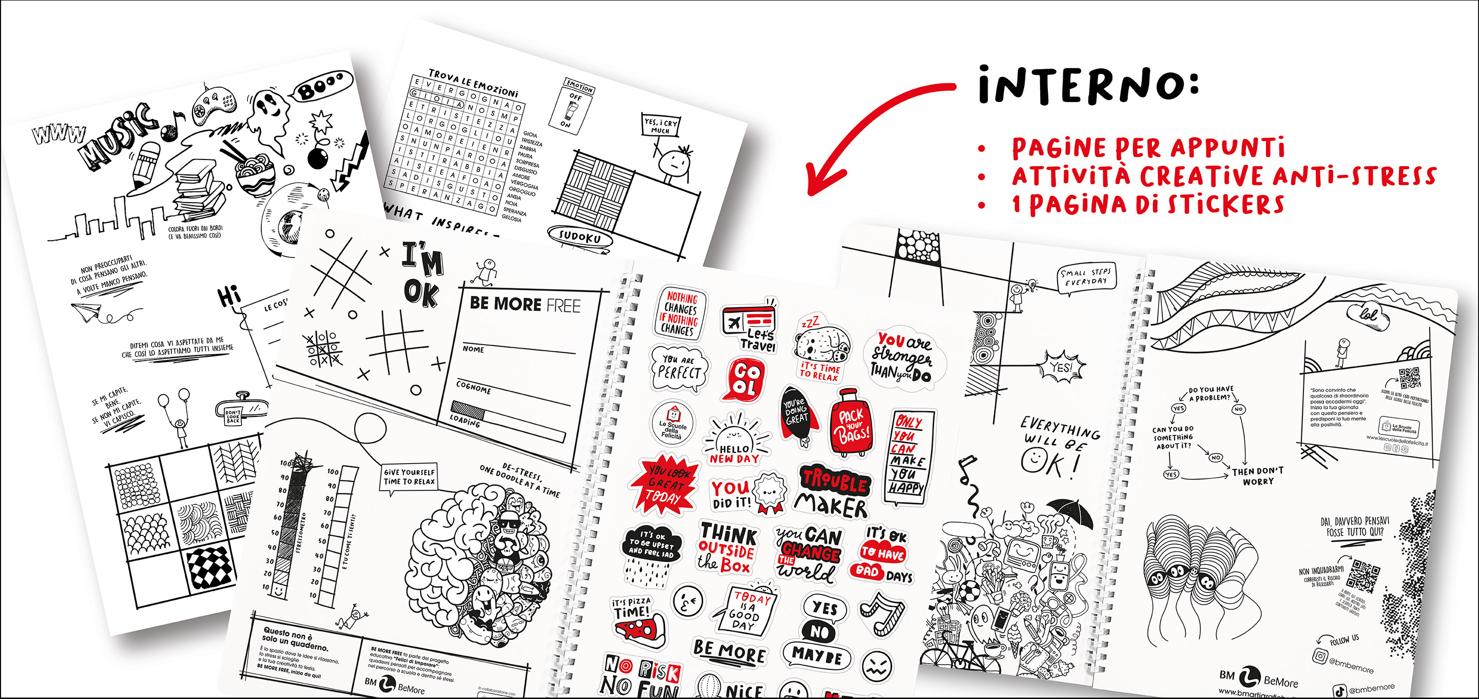 Interno: pagine per appunti, attività creative anti-stress, 1 pagina di stickers.