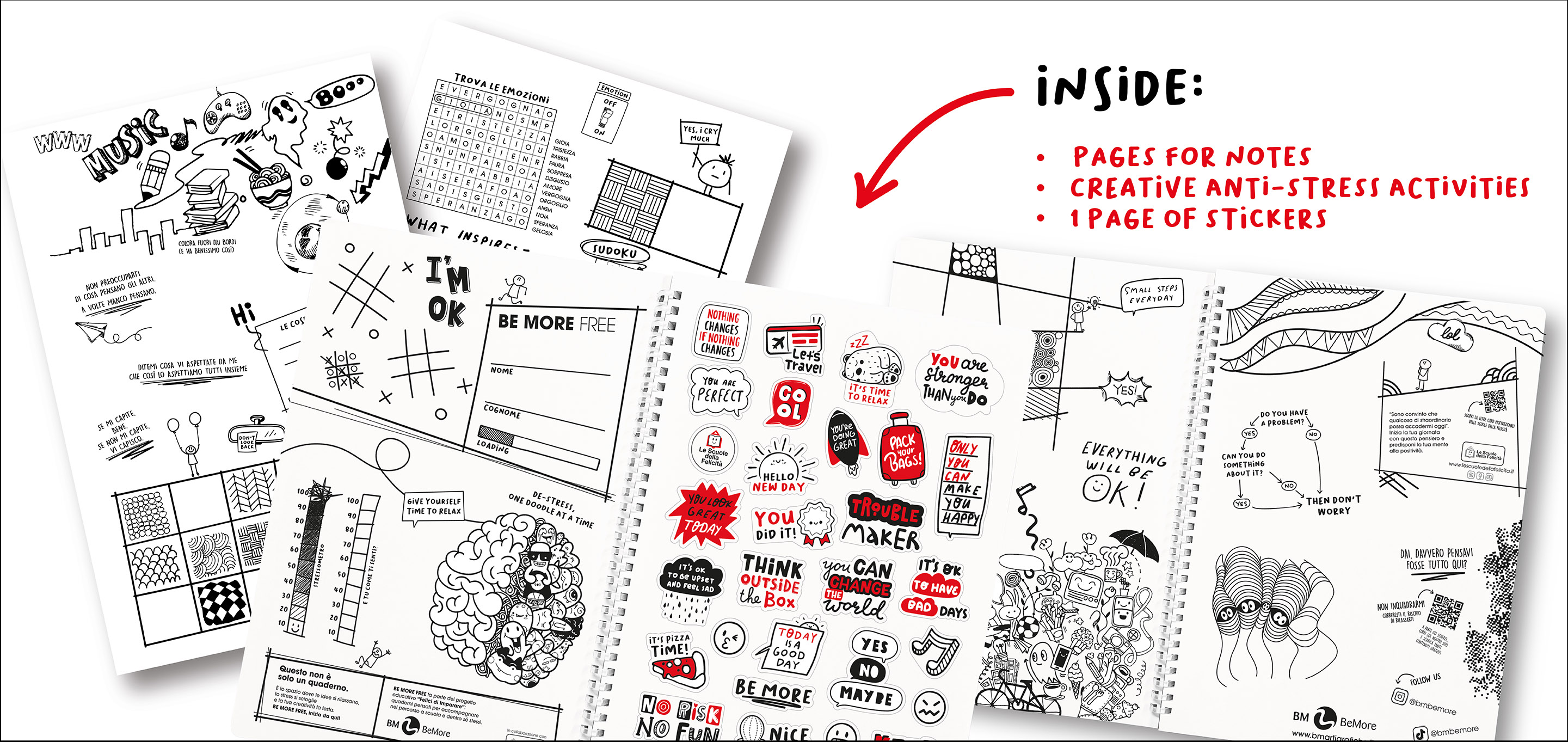 Interno: pagine per appunti, attività creative anti-stress, 1 pagina di stickers.