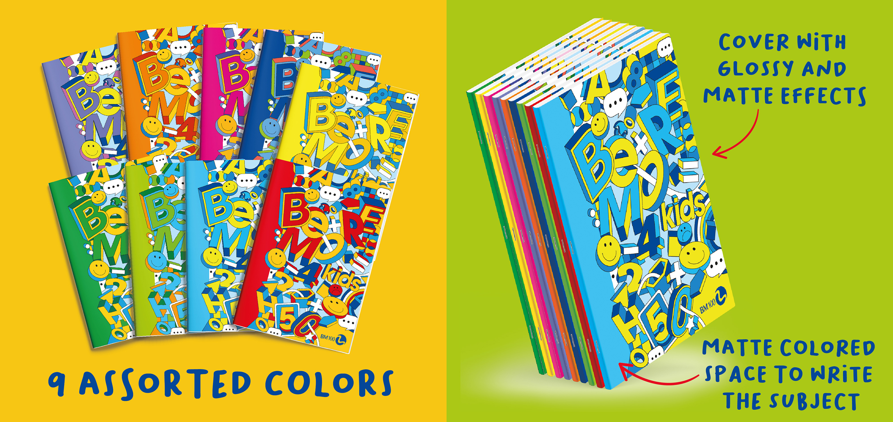 9 colori assortiti. Copertina con effetti lucidi e opachi. Banda per scrivere la materia.