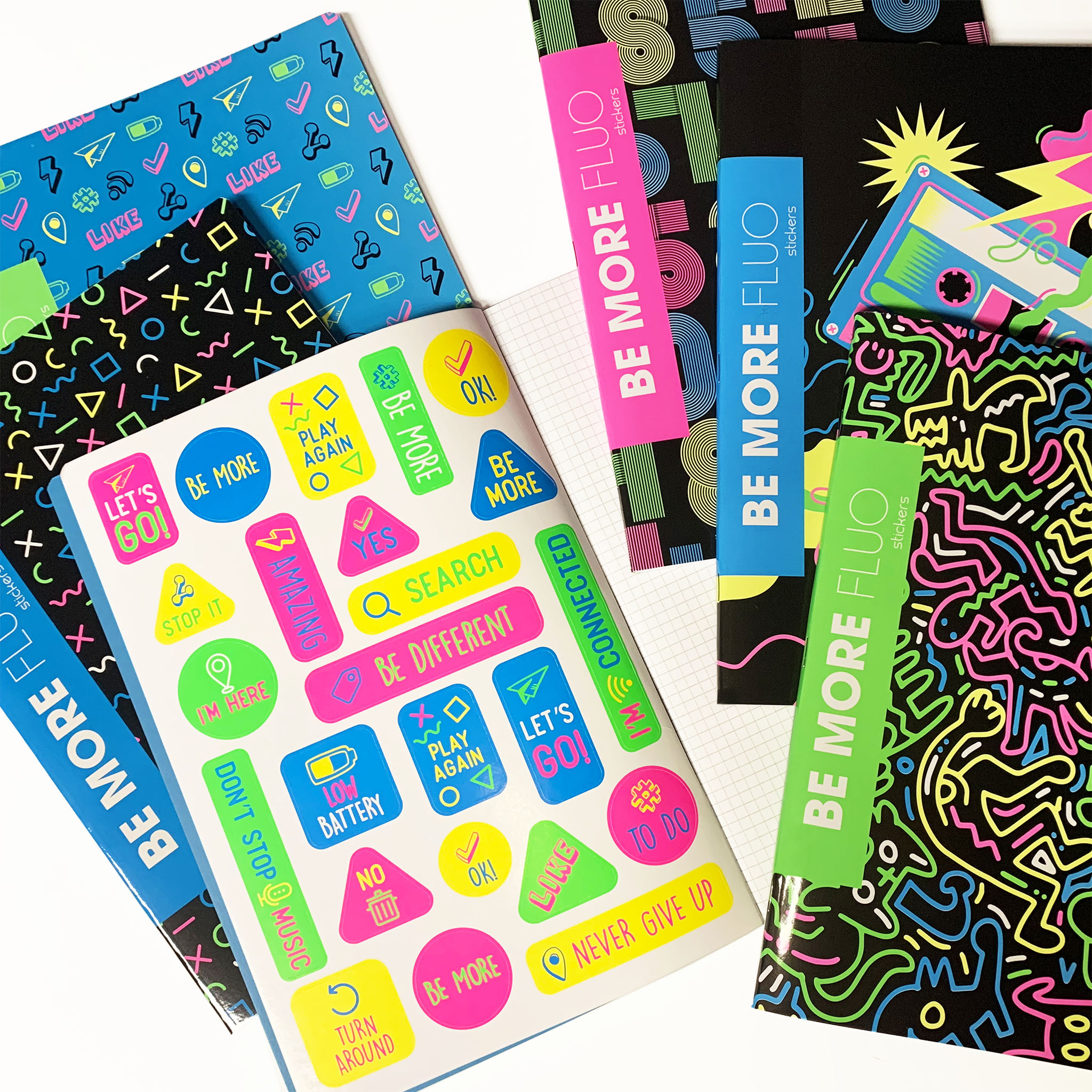 A4 maxi notebooks BE MORE FLUO with stickers 100 gram - 10 assorted pieces