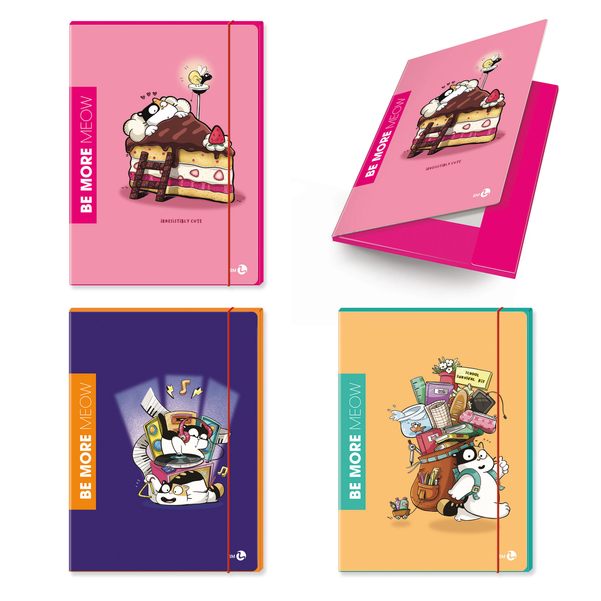 3 Flap folders s back 1cm with elastic BE MORE MEOW - 6 assorted pieces