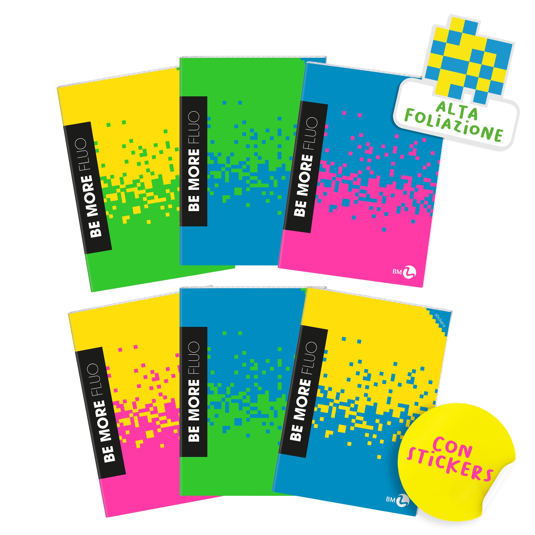 Maxi A4 notebooks with stickers +30% pages BE MORE FLUO – 10 assorted pieces
